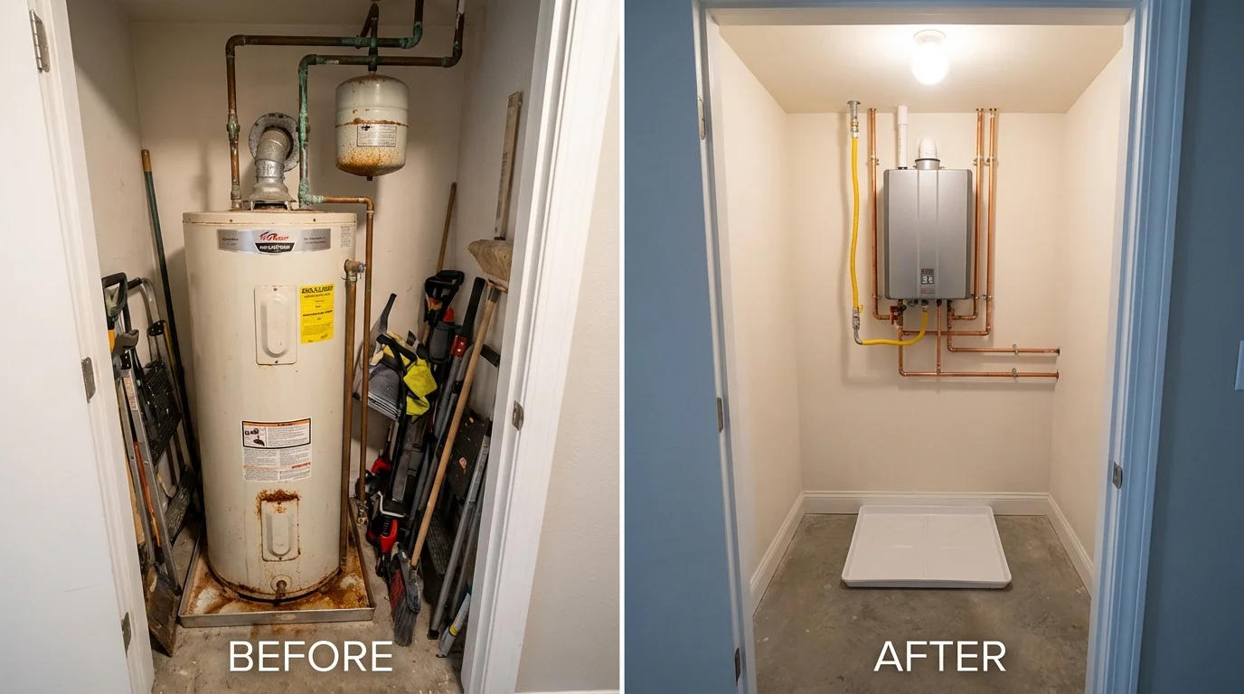 Tank water heater versus wall-mounted tankless unit comparison for Reading, MA homeowners