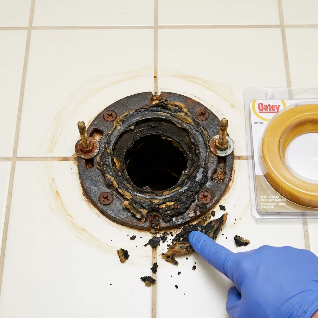 Failed wax ring showing water seepage at the base of a toilet in a Reading, MA home